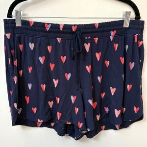 Soma Sz L Lounge Sleep Shorts w/ Pockets Navy Blue Heart Print Drawstring Womens